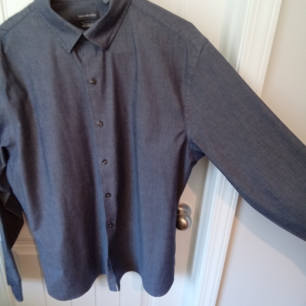 Men's Van Heusen Untuck Chambray Denim Button Down Dress Shirt Size L
